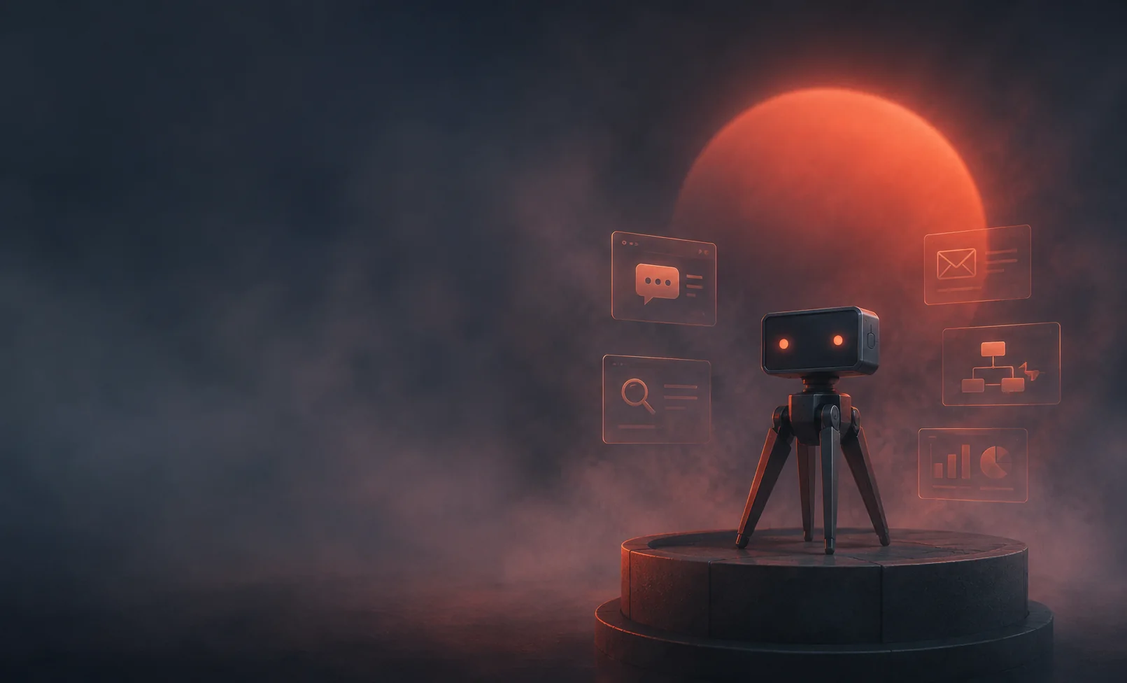 AI assistant surrounded by chat, email and analytics panels