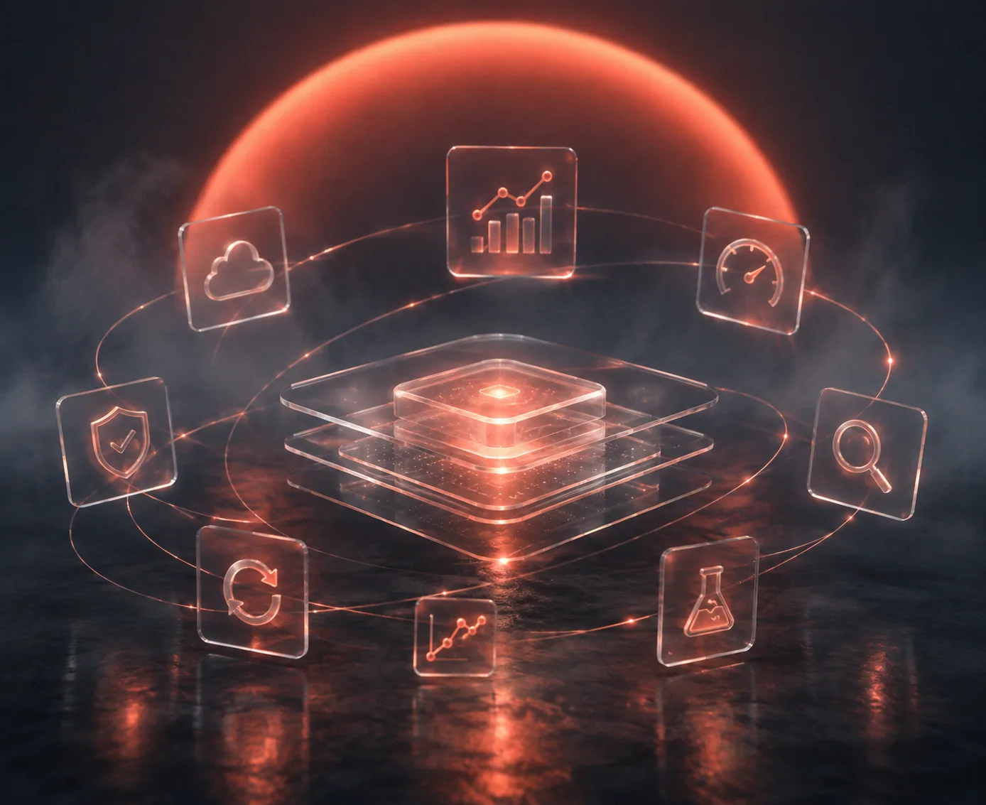 Layered platform orbited by uptime, security, speed and growth signals